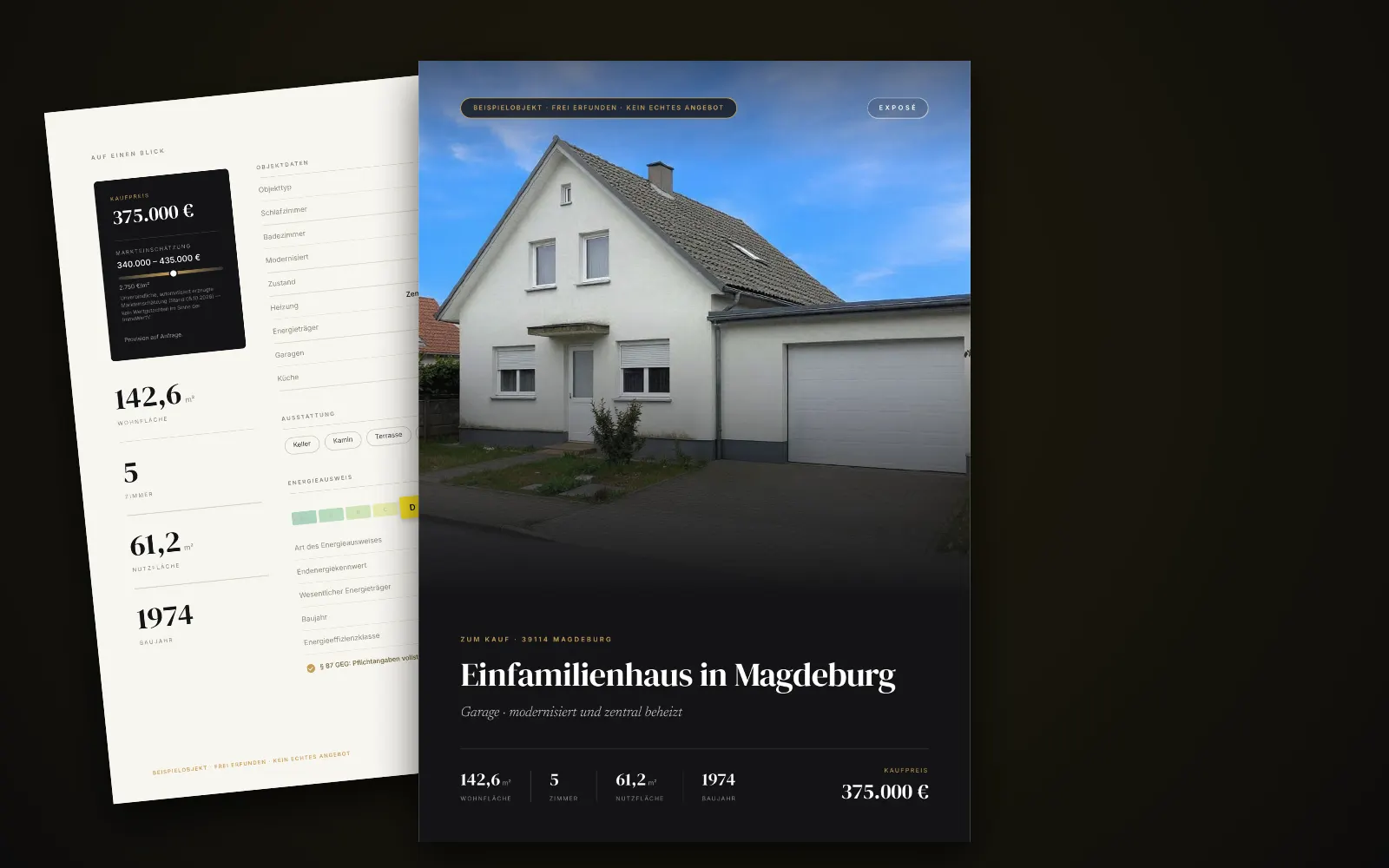 Exposé des Beispielobjekts in Magdeburg: Titelseite mit Foto, Titel und Kaufpreis, dahinter zwei weitere Seiten